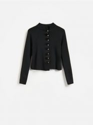 Sweter z ozdobnymi guzikami - czarny. Czarne swetry nierozpinane damskie Reserved, l, bez wzorów, z dzianiny, bez kołnierzyka, bez ramiączek. Za 129.99 zł.