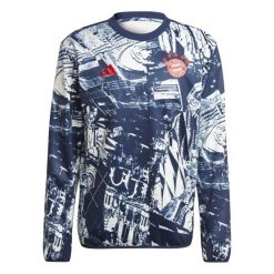 Bluza przedmeczowa Bayern Munich. Białe bluzy męskie Adidas, bez wzorów, sportowe, bez ramiączek, bez kaptura. W wyprzedaży za 404.00 zł.