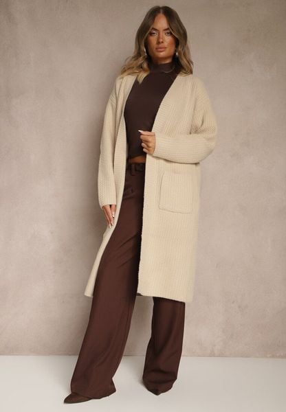 Beżowy Długi Kardigan Niezapinany z Bawełną Ferrive. Brązowe kardigany damskie Renee, bez wzorów, z bawełny, bez kołnierzyka. Za 89.99 zł.