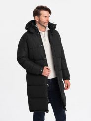 Pikowana długa męska kurtka z odpinanym kapturem – czarna V1 OM-JALJ-0190 - XXL. Czarne kurtki męskie Ombre Clothing, l, z aplikacjami, z gumy, z kapturem. W wyprzedaży za 199.99 zł.