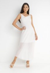 Biała Sukienka Philice. Białe sukienki damskie Born2be, z aplikacjami, z tkaniny, glamour, bez kołnierzyka, bez ramiączek, maxi. Za 29.99 zł.