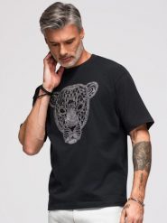 Męska koszulka loose fit z srebrno-czarną aplikacją pantery z cekinów i koralików - czarna V1. Czarne t-shirty męskie Ombre Clothing, m, z aplikacjami, z bawełny, bez kołnierzyka, bez ramiączek. Za 297.99 zł.
