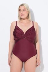 Damski Strój kąpielowy bez miękkich miseczek regulowane ramiączka z recyklingu. Fioletowe stroje kąpielowe damskie Ulla Popken, plus size, bez wzorów, z elastanu. Za 191.99 zł.