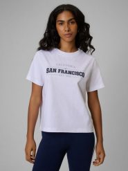 4F T-shirt boxy z nadrukiem damski - biały S. Białe t-shirty damskie 4F, s, bez wzorów, z jeansu, bez kołnierzyka, bez ramiączek. Za 69.99 zł.