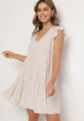 Jasnobeżowa Rozkloszowana Sukienka z Bawełny Ozdobiona Falbankami Natiriane. Brązowe sukienki damskie Born2be, na co dzień, na lato, l, bez wzorów, z bawełny, eleganckie, bez kołnierzyka, bez ramiączek, mini, rozkloszowane. Za 39.99 zł.
