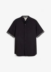 Koszula z krótkim rękawem z wiskozy, Slim Fit. Czarne koszule męskie bonprix, l, bez wzorów, z wiskozy, bez kołnierzyka, bez ramiączek. Za 32.99 zł.