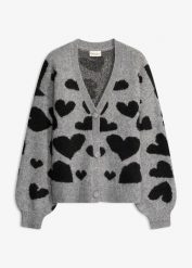 Sweter rozpinany w atrakcyjny wzór. Szare kardigany damskie bonprix, bez wzorów, bez kołnierzyka. Za 129.99 zł.