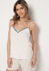 Beżowy Top z Lnu i Wiskozy na Ramiączkach Zdobiony Haftem Zilirae. Brązowe topy damskie Born2be, m, z aplikacjami, z jeansu, eleganckie, bez kołnierzyka, bez ramiączek. Za 59.99 zł.