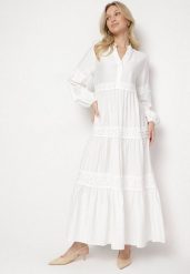 Biała Rozkloszowana Sukienka z Wiskozy Zdobiona Koronką Gonireth. Białe sukienki damskie Born2be, na co dzień, l, z aplikacjami, z jeansu, eleganckie, bez kołnierzyka, bez ramiączek, maxi, kopertowe. Za 159.99 zł.