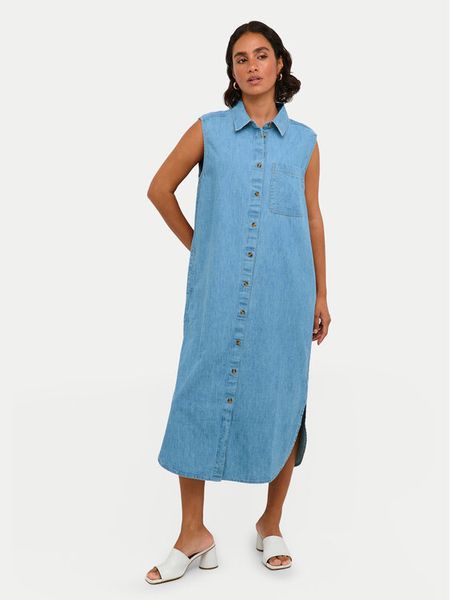 Kaffe Sukienka jeansowa Louise 10508518 Niebieski Regular Fit. Niebieskie sukienki damskie Kaffe, bez wzorów, z bawełny, bez kołnierzyka, bez ramiączek. Za 159.99 zł.