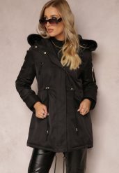 Czarna Kurtka Parka z Kapturem i Ozdobnym Futerkiem Dioneta. Czarne kurtki damskie Renee, na zimę, l, bez wzorów, z materiału, z kapturem. Za 259.99 zł.