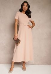 Różowa Sukienka o Rozkloszowanym Kroju z Ozdobnym Paskiem Desiliena. Czerwone sukienki damskie Renee, na spotkanie biznesowe, m, bez wzorów, z denimu, eleganckie, bez kołnierzyka, bez ramiączek, maxi, kopertowe. Za 109.99 zł.