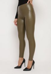 Zielone Legginsy z Ekoskóry z Wysokim Stanem i Polarem Labrine. Zielone legginsy damskie Born2be, bez wzorów, z jeansu. Za 44.99 zł.