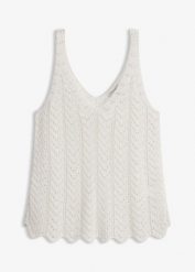 Top dzianinowy. Zielone topy damskie bonprix, bez wzorów, z dzianiny, eleganckie, bez kołnierzyka, bez ramiączek. Za 59.99 zł.