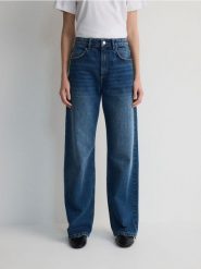 Jeansy wide leg - granatowy. Niebieskie jeansy damskie Reserved, bez wzorów, z bawełny. W wyprzedaży za 99.99 zł.