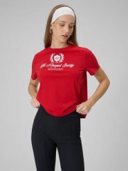 4F T-shirt boxy z nadrukiem damski - czerwony XS. Czerwone t-shirty damskie 4F, uniwersalny, bez wzorów, z bawełny, bez kołnierzyka, bez ramiączek. Za 69.99 zł.