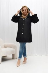 Czarny przejściowy płaszcz damski Arlene o trapezowym kroju z kapturem PLUS SIZE XXL OVERSIZE WIOSNA. Czarne płaszcze damskie Moda Size Plus Iwanek, na jesień, l, bez wzorów, z jeansu, biznesowe, bez kołnierzyka, z kapturem. Za 389.90 zł.