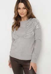 Jasnoszary Sweter z Bawełną Ozdobiony Cekinami Leanelwen. Szare swetry nierozpinane damskie Born2be, l, z aplikacjami, z bawełny, eleganckie, bez kołnierzyka, bez ramiączek. Za 89.99 zł.