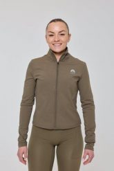Kurtka damska fitness marki Infinite w kolorze khaki. Brązowe kurtki sportowe damskie OOSC, xl, bez wzorów, z materiału, bez ramiączek, bez kaptura, do biegania. Za 245.99 zł.