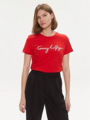 Tommy Hilfiger T-Shirt Signature WW0WW41674 Czerwony Regular Fit. Czerwone t-shirty damskie Tommy Hilfiger, xs, bez wzorów, z bawełny, bez kołnierzyka, bez ramiączek. Za 119.99 zł.