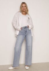 Niebieskie Jeansy Szerokie z Wysokim Stanem Ozdobione Przeszyciami Aikaea. Niebieskie spodnie materiałowe damskie Born2be, bez wzorów, z jeansu, eleganckie, z podwyższonym stanem. Za 119.99 zł.