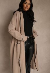 Beżowy Niezapinany Kardigan o Długim Kroju z Lamówką Venisse. Brązowe kardigany damskie Renee, bez wzorów, z jeansu, klasyczne, bez kołnierzyka. Za 129.99 zł.