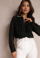 Czarna Koszula z Ozdobnym Kołnierzem i Falbanami Chet. Czarne koszule damskie Renee, m, bez wzorów, eleganckie, bez kołnierzyka, bez ramiączek. Za 139.99 zł.