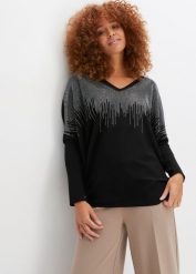 Cienki sweter z aplikacją ze sztrasów. Czarne swetry nierozpinane damskie bonprix, z aplikacjami, bez kołnierzyka, bez ramiączek. Za 169.99 zł.