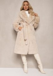 Beżowy Futrzany Płaszcz z Wiązanym Paskiem Ozdobnym Kołnierzem i Mankietami Viaressa. Brązowe płaszcze damskie Renee, l, bez wzorów, z futra, eleganckie, bez kołnierzyka, bez kaptura. Za 309.99 zł.