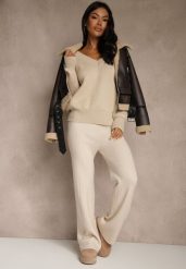 Jasnobeżowe Szerokie Spodnie z Wełną High Waist z Prążkowanego Materiału Reinna. Brązowe spodnie materiałowe damskie Renee, bez wzorów, z jeansu, casualowe, z podwyższonym stanem. Za 69.99 zł.