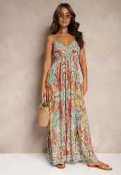 Pomarańczowo-Niebieska Rozkloszowana Sukienka z Wiskozy na Regulowanych Ramiączkach w Stylu Boho Yalfea. Brązowe sukienki damskie Renee, na spacer, na lato, l, bez wzorów, z wiskozy, boho, bez kołnierzyka, bez ramiączek, maxi, rozkloszowane. Za 89.99 zł.