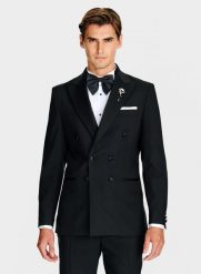PAKO LORENTE – Wełniana dwurzędowa marynarka smokingowa. Czarne garnitury męskie Pako Lorente, bez wzorów, z wełny, bez kołnierzyka, bez ramiączek. Za 1,999.99 zł.