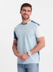 Męski t-shirt z elastanem z kolorowymi rękawami - niebieski V2 OM-TSCT-0176 - L. Niebieskie t-shirty męskie Ombre Clothing, l, bez wzorów, z bawełny, bez kołnierzyka, bez ramiączek. W wyprzedaży za 39.99 zł.