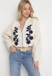 Beżowa Bawełniana Koszula Oversize z Kwiatowym Haftem Lorvesa. Brązowe koszule damskie Born2be, l, bez wzorów, z bawełny, eleganckie, bez kołnierzyka, bez ramiączek. Za 109.99 zł.