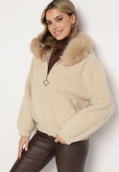Beżowa Rozpinana Bluza z Wiskozą Wełną i Futerkiem Tesalttia. Brązowe bluzy damskie Born2be, l, z aplikacjami, z jeansu, eleganckie, bez ramiączek, bez kaptura. Za 219.99 zł.