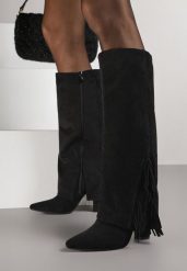 Czarne Kozaki na Słupku z Wywiniętą Cholewką z Frędzlami Linadela. Czarne kozaki damskie Born2be, bez wzorów, z jeansu, bez obcasa, na obcasie, bez zapięcia. Za 179.99 zł.