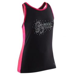 Top do gimnastyki sportowej damski Domyos 500. Czarne topy damskie DOMYOS, bez wzorów, z elastanu, eleganckie, bez kołnierzyka, bez ramiączek. W wyprzedaży za 39.99 zł.