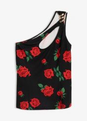 Top na jedno ramię z biżuteryjną ozdobą. Czarne topy damskie bonprix, z aplikacjami, eleganckie, bez kołnierzyka, bez ramiączek. Za 24.99 zł.