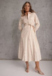 Beżowa Ażurowa Sukienka z Bawełny Ozdobiona Paskiem Novenelle. Brązowe sukienki damskie Renee, na spotkanie biznesowe, na wiosnę, m, w ażurowe wzory, z bawełny, bez kołnierzyka, bez ramiączek, maxi. Za 149.99 zł.