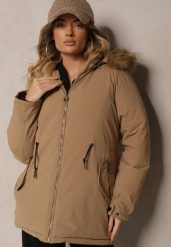 Ciemnobeżowa Kurtka w Stylu Parka ze Ściągaczami w Talii i Odpinanym Kapturem z Futerkiem Fezirra. Brązowe kurtki damskie Renee, l, bez wzorów, z jeansu. Za 289.99 zł.