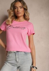 Różowy T-shirt z Bawełny z Napisem Zelreti. Czerwone t-shirty damskie Renee, m, bez wzorów, z bawełny, eleganckie, bez kołnierzyka, bez ramiączek. Za 39.99 zł.