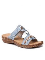 Rieker Klapki 628M8-12 Niebieski. Niebieskie klapki damskie Rieker, bez wzorów, ze skóry, bez obcasa, bez zapięcia. Za 259.99 zł.