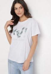 Jasnoszary T-shirt z Bawełny Ozdobiony Cekinami i Cyrkoniami Camiren. Szare t-shirty damskie Born2be, l, z aplikacjami, z bawełny, eleganckie, bez kołnierzyka, bez ramiączek. Za 34.99 zł.