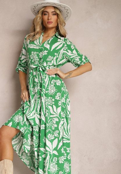 Zielono-Biała Sukienka o Długim Koszulowym Fasonie z Wzorem w Kwiaty Seraplle. Zielone sukienki damskie Renee, na wiosnę, m, bez wzorów, wakacyjne, bez kołnierzyka, bez ramiączek, maxi, koszulowe. Za 89.99 zł.