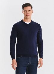 PAKO LORENTE – Granatowy bawełniany sweter v-neck. Niebieskie swetry męskie Pako Lorente, na jesień, m, bez wzorów, z bawełny, bez kołnierzyka, bez ramiączek. Za 119.99 zł.