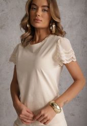 Beżowy T-shirt z Bawełny z Rękawami z Koronki Hycis. Brązowe t-shirty damskie Renee, m, bez wzorów, z bawełny, bez kołnierzyka, bez ramiączek. Za 59.99 zł.
