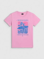 4F T-shirt regular z nadrukiem damski - różowy S. Czerwone t-shirty damskie 4F, s, bez wzorów, z bawełny, bez kołnierzyka, bez ramiączek. Za 59.99 zł.