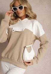 Beżowa Bawełniana Bluza z Kapturem i Łańcuszkiem Ambriella. Brązowe bluzy damskie Renee, bez wzorów, z bawełny, casualowe, bez ramiączek, z kapturem. Za 89.99 zł.