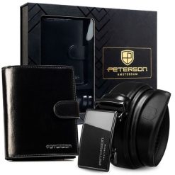 Zestaw prezentowy: portfel męski w czarnym kolorze i pasek ze skóry naturalnej - Peterson. Czarne portfele męskie Peterson, bez wzorów, ze skóry. Za 119.99 zł.