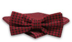 Czerwono-Brązowa Mucha Męska -ALTIES- z Taką Samą Poszetką, w Drobną Kratkę. Czerwone krawaty i muchy Alties, bez wzorów, eleganckie. Za 54.00 zł.